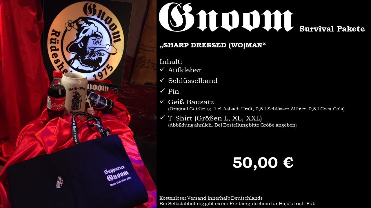 GNOOM SURVIVAL PAKET - SHARP DRESSED (WO)MAN 50,00 € | Aufkleber | Schlüsselband | Pin | Geiß Bausatz | T-Shirt